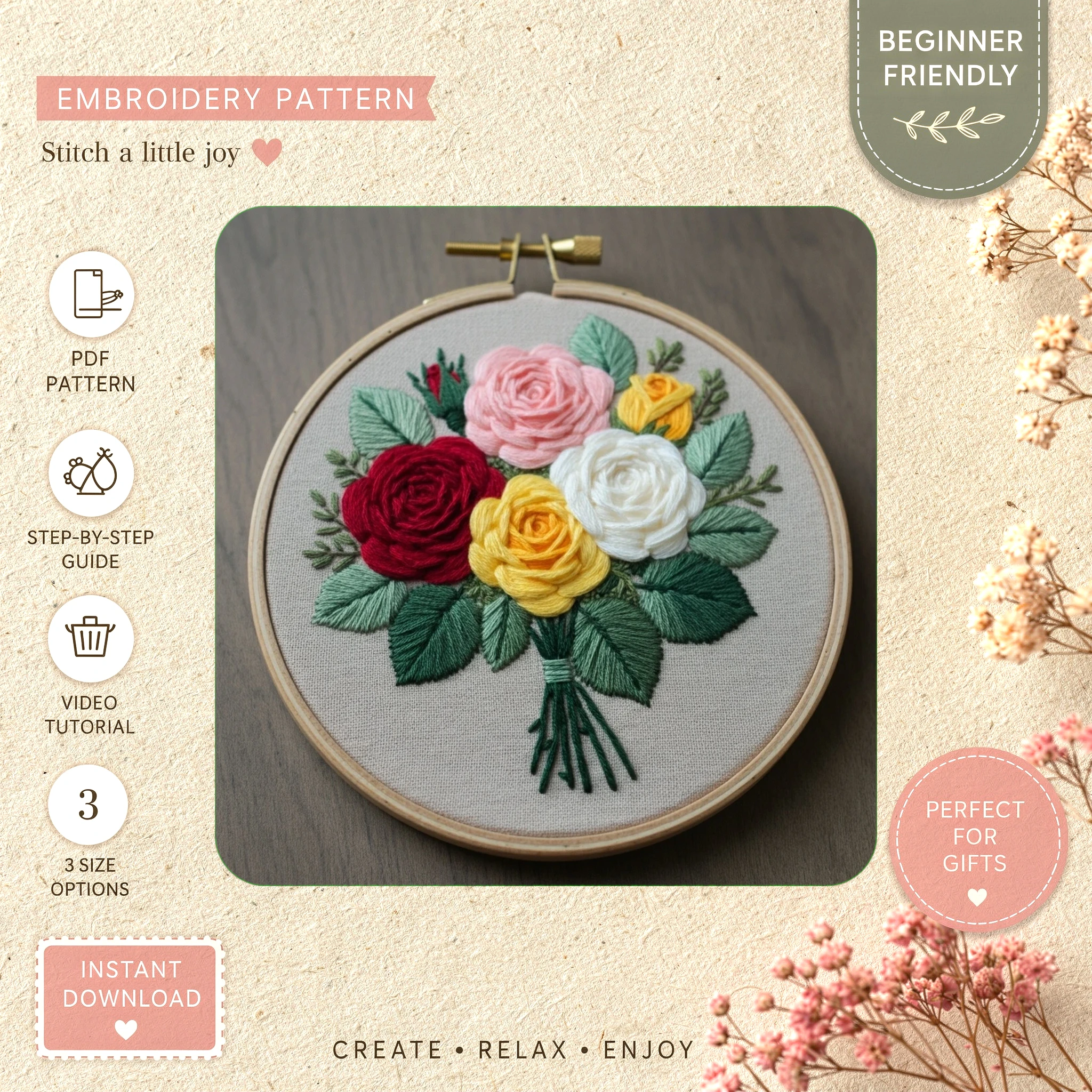 Main preview of vintage flower colorful flowers hand embroidery pattern showing flower, flowers, floral, roses, and leaves in a hand stitched hoop art design