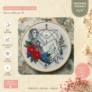 Main preview of vintage nature flowering tree hand embroidery pattern showing bird, birds, butterfly, floral, and leaves in a hand stitched hoop art design