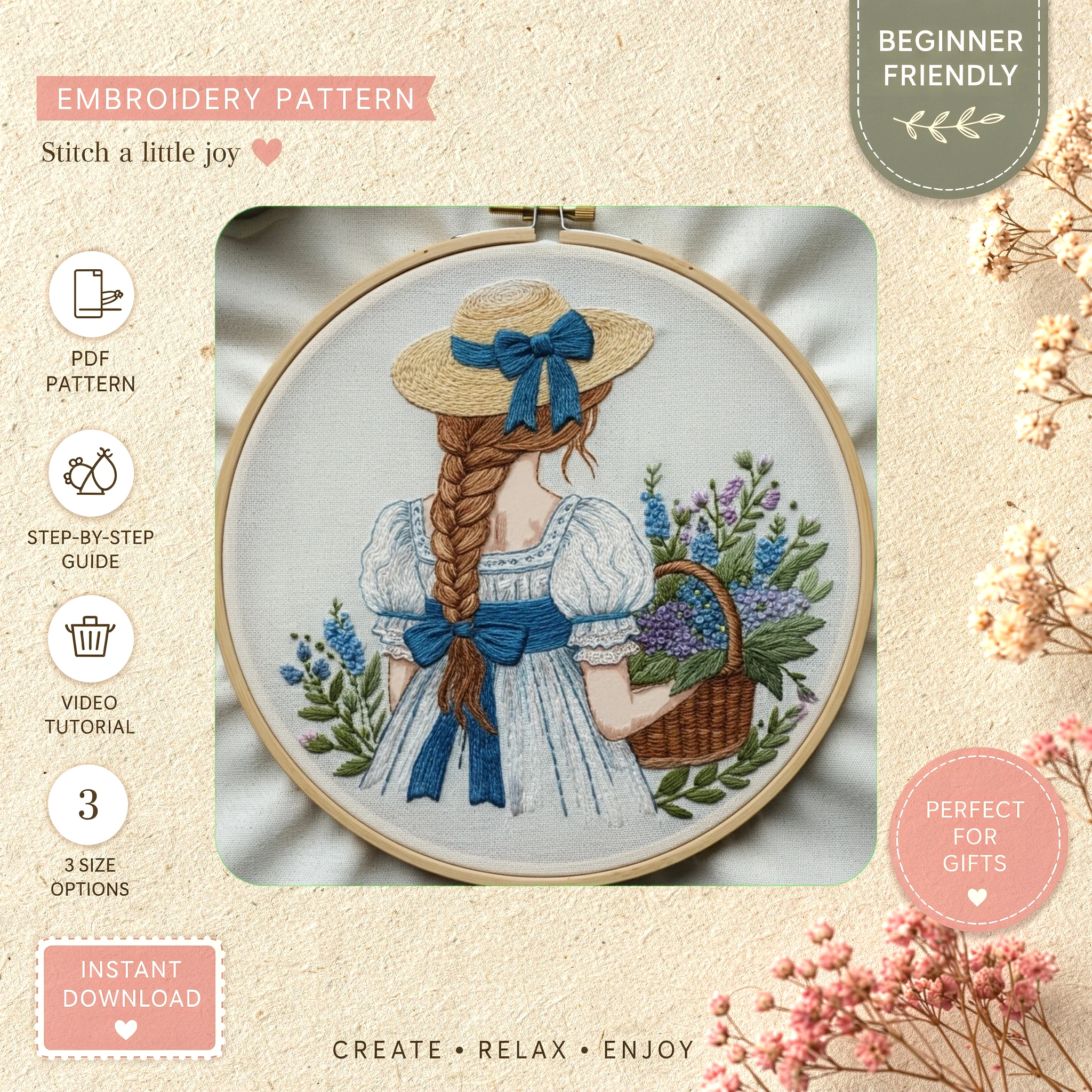 Main preview of vintage prairie cottage cozy hand embroidery pattern showing flowers, cottage, sky, nature, and home in a hand stitched hoop art design