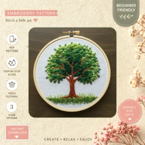 Main preview of vintage tree grass birds hand embroidery pattern showing birds and tree in a hand stitched hoop art design