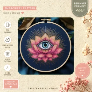 Main preview of visionary flower blue eye hand embroidery pattern showing flower in a hand stitched hoop art design