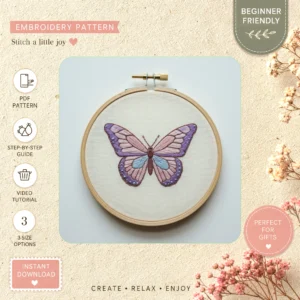 Main preview of vivid butterfly floral accents hand embroidery pattern showing butterfly, floral, and nature in a hand stitched hoop art design