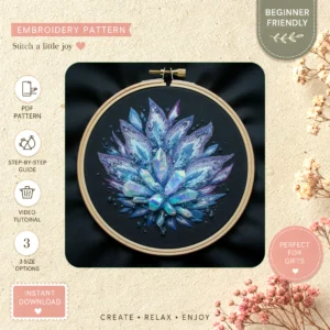 Main preview of vivid floral blue accents hand embroidery pattern showing floral in a hand stitched hoop art design
