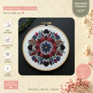 Main preview of vivid floral mandala color hand embroidery pattern showing flowers, floral, sunflower, leaves, and nature in a hand stitched hoop art design