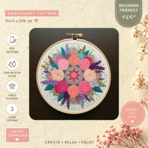 Main preview of vivid floral mandala nature hand embroidery pattern showing floral, nature, and home in a hand stitched hoop art design