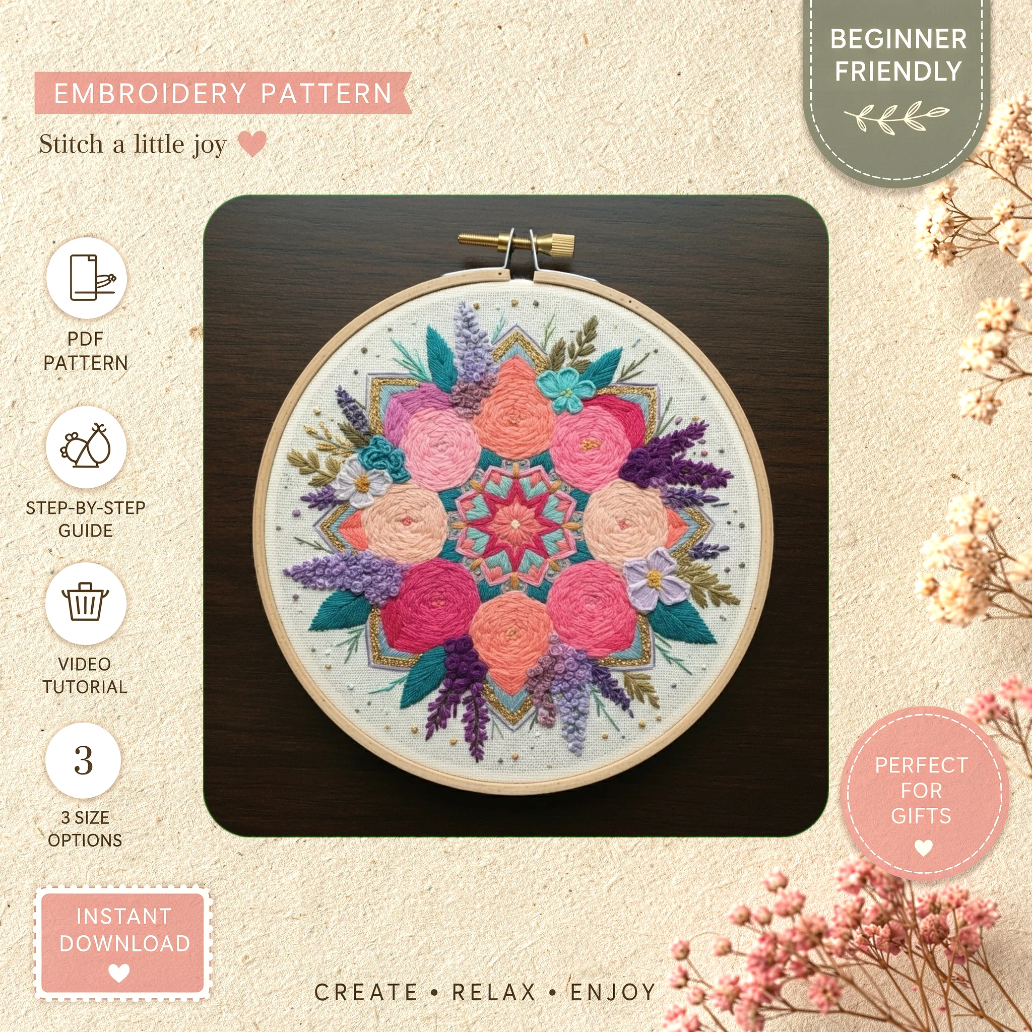 Main preview of vivid floral mandala nature hand embroidery pattern showing floral, nature, and home in a hand stitched hoop art design