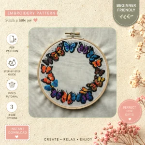 Main preview of vivid nature inspired colorful hand embroidery pattern showing butterflies, blossoms, and nature in a hand stitched hoop art design