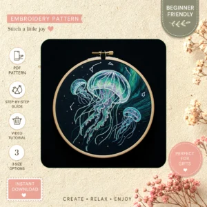 Main preview of vivid ocean captivating jellyfish hand embroidery pattern showing seahorse, sky, ocean, and night in a hand stitched hoop art design