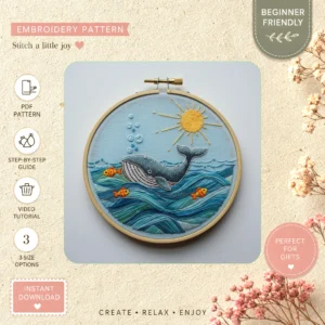Main preview of whale fish sun nautical hand embroidery pattern showing whale, fish, ocean, marine, and sun in a hand stitched hoop art design