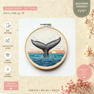 Main preview of whale sunset diving ocean hand embroidery pattern showing whale, sunset, nature, ocean, and marine in a hand stitched hoop art design