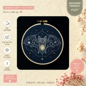 Main preview of whimsical bat starry night hand embroidery pattern showing sky and night in a hand stitched hoop art design