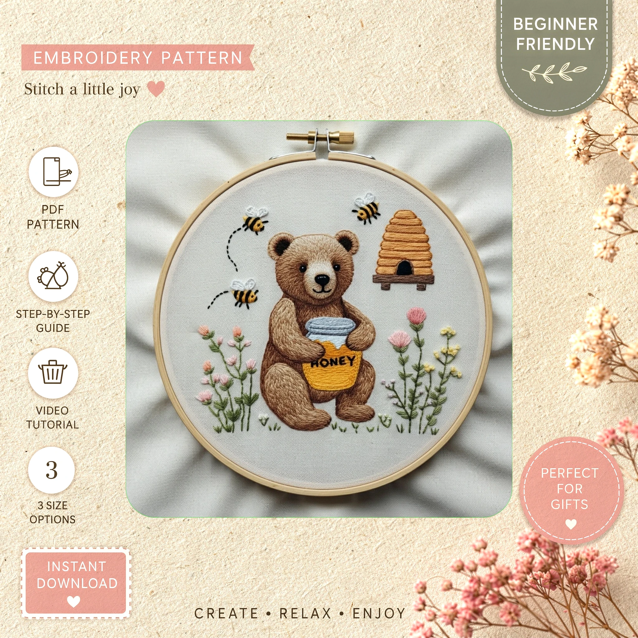 Main preview of whimsical bear honey jar hand embroidery pattern showing bear, bees, and nature in a hand stitched hoop art design