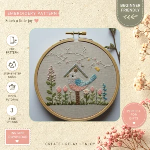 Main preview of whimsical bird cottage perched hand embroidery pattern showing bird, flowers, cottage, and nature in a hand stitched hoop art design