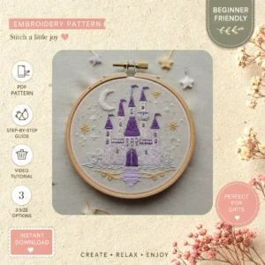 Main preview of whimsical castle dreamy magical hand embroidery pattern showing castle in a hand stitched hoop art design