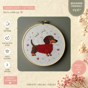 Main preview of whimsical dachshund cute puppy hand embroidery pattern showing nature and home in a hand stitched hoop art design