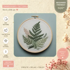 Main preview of whimsical ferns leaves nature hand embroidery pattern showing floral, leaves, and nature in a hand stitched hoop art design