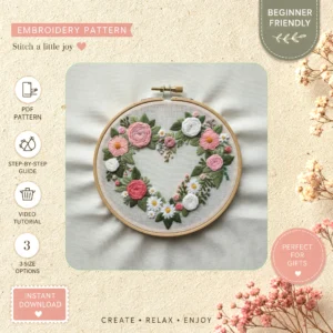 Main preview of whimsical floral pink heart hand embroidery pattern showing flowers, floral, leaves, and home in a hand stitched hoop art design