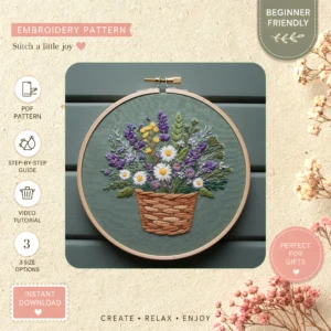 Main preview of whimsical floral wreath woven hand embroidery pattern showing flowers, floral, daisies, leaves, and wreath in a hand stitched hoop art design