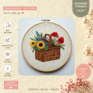 Main preview of whimsical flowers wicker basket hand embroidery pattern showing flowers and leaves in a hand stitched hoop art design