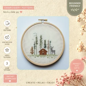Main preview of whimsical forest nature inspired cozy hand embroidery pattern showing deer, forest, woodland, trees, and cabin in a hand stitched hoop art design