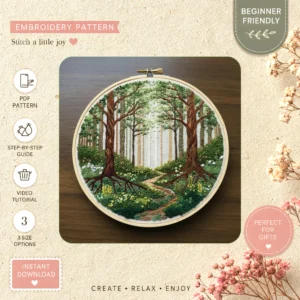 Main preview of whimsical forest nature inspired hand embroidery pattern showing foliage, forest, woods, trees, and nature in a hand stitched hoop art design