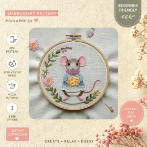 Main preview of whimsical mouse sweet holding hand embroidery pattern showing mouse, floral, and home in a hand stitched hoop art design