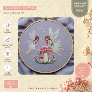 Main preview of whimsical mushroom fairy magical hand embroidery pattern showing nature in a hand stitched hoop art design