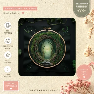 Main preview of whimsical mushroom fairytale magical hand embroidery pattern showing flower, forest, woods, trees, and nature in a hand stitched hoop art design