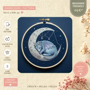 Main preview of whimsical night cozy dragon hand embroidery pattern showing sky, moon, stars, night, and celestial in a hand stitched hoop art design