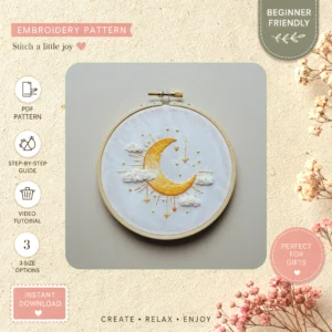 Main preview of whimsical night moon stars hand embroidery pattern showing clouds, nature, moon, stars, and night in a hand stitched hoop art design