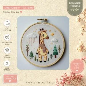 Main preview of whimsical nighttime deer gazing hand embroidery pattern showing deer, trees, moon, and stars in a hand stitched hoop art design