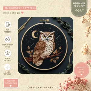 Main preview of whimsical owl embroidered embrace hand embroidery pattern showing owl and nature in a hand stitched hoop art design