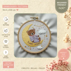 Main preview of whimsical teddy bear moon hand embroidery pattern showing bear, moon, and crescent in a hand stitched hoop art design