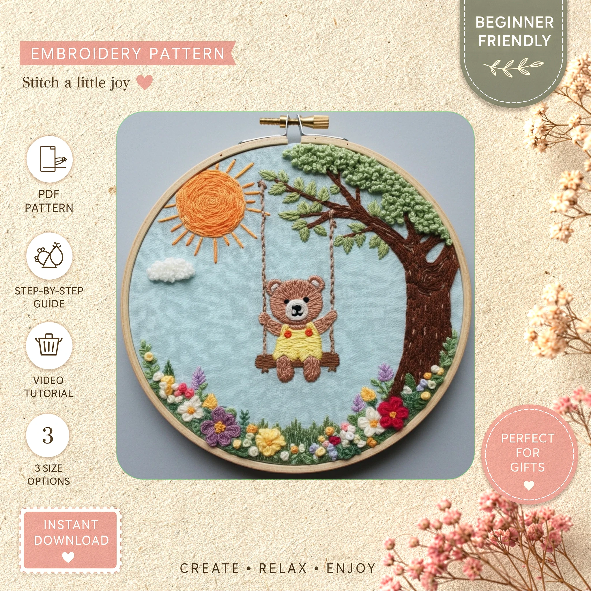 Main preview of whimsical teddy bear sunshine hand embroidery pattern showing bear, flowers, foliage, tree, and sun in a hand stitched hoop art design
