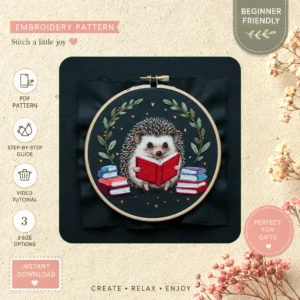 Main preview of whimsical woodland nature's hedgehog hand embroidery pattern showing hedgehog, garden, woodland, nature, and home in a hand stitched hoop art design