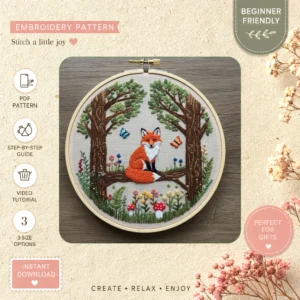 Main preview of whimsical woodland serenity fox hand embroidery pattern showing fox, flowers, floral, forest, and woodland in a hand stitched hoop art design
