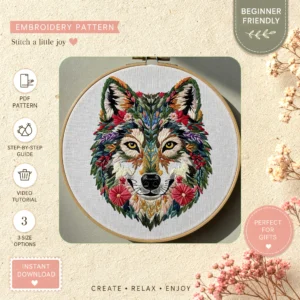 Main preview of wild wolf floral beautifully hand embroidery pattern showing wolf, floral, and nature in a hand stitched hoop art design