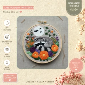 Main preview of wildlife fox rabbit flowers hand embroidery pattern showing fox, rabbit, flowers, and nature in a hand stitched hoop art design