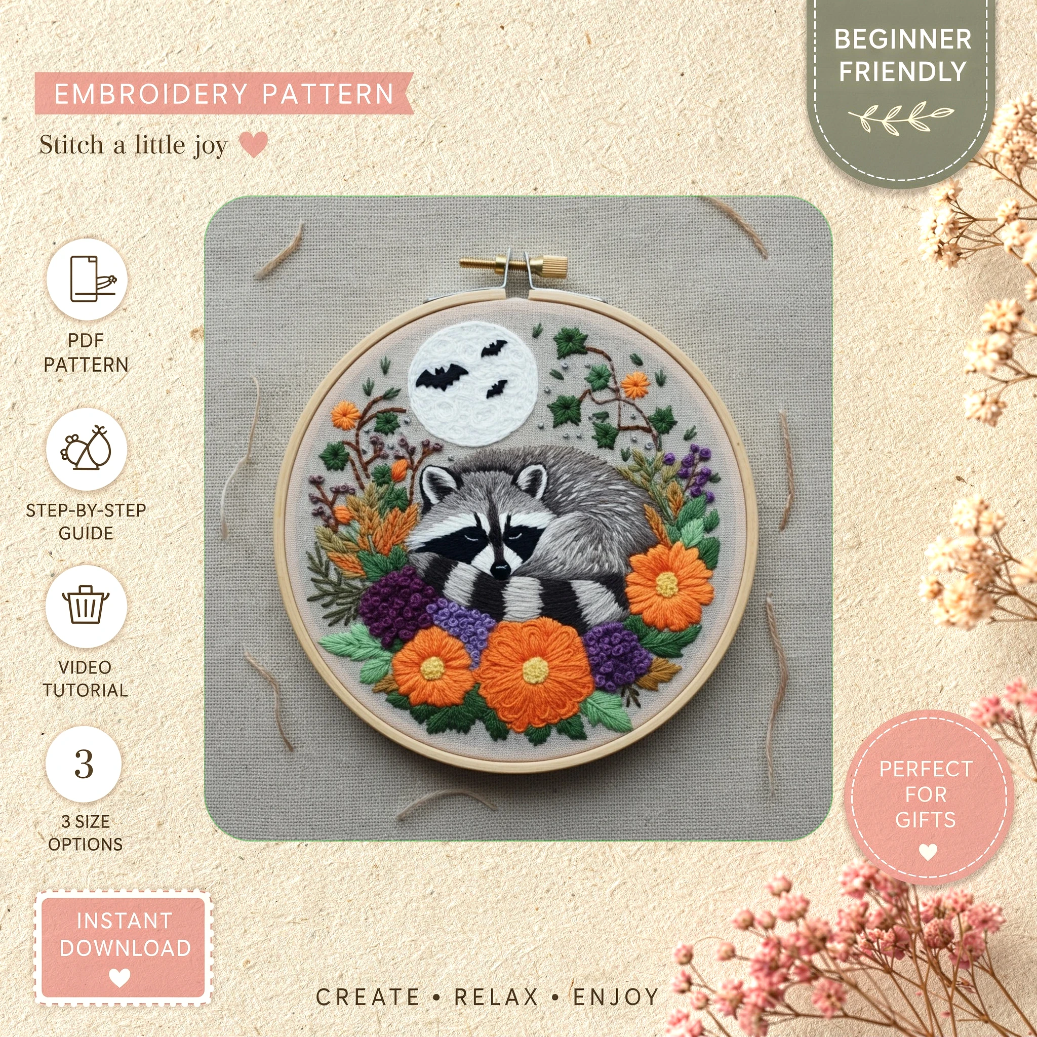 Main preview of wildlife fox rabbit flowers hand embroidery pattern showing fox, rabbit, flowers, and nature in a hand stitched hoop art design