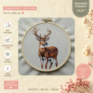 Main preview of wildlife nature inspired stylized hand embroidery pattern showing deer, forest, and nature in a hand stitched hoop art design