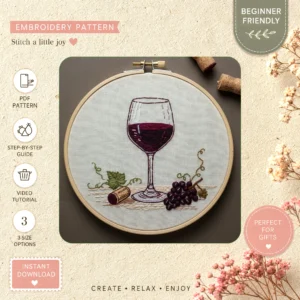 Main preview of wine glass grape cozy hand embroidery pattern showing home in a hand stitched hoop art design