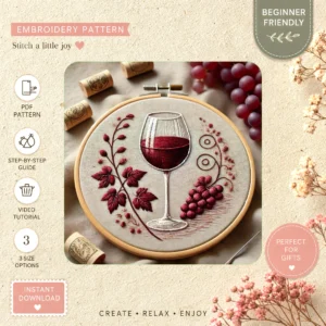Main preview of wine glass grape vintage hand embroidery pattern showing home in a hand stitched hoop art design