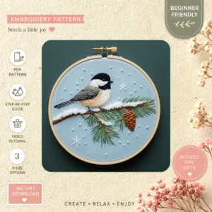 Main preview of winter bird pinecone festive hand embroidery pattern showing bird, birds, wreath, and nature in a hand stitched hoop art design