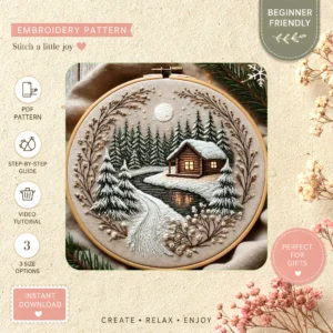 Main preview of winter cottage cozy enchanting hand embroidery pattern showing trees, cottage, and cabin in a hand stitched hoop art design