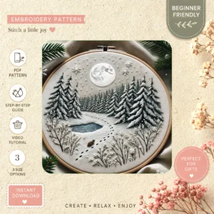 Main preview of winter evening cozy snowy hand embroidery pattern showing foxes, birds, and trees in a hand stitched hoop art design