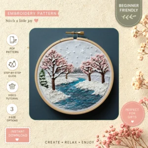Main preview of winter forest serene snow hand embroidery pattern showing river, forest, trees, and home in a hand stitched hoop art design