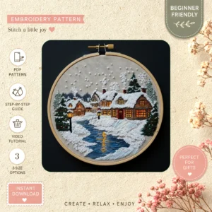 Main preview of winter holiday cottage cozy hand embroidery pattern showing river, trees, cottage, and cabin in a hand stitched hoop art design