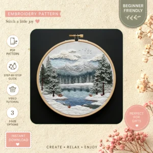 Main preview of winter mountain landscape serene hand embroidery pattern showing mountain, landscape, river, trees, and cabin in a hand stitched hoop art design