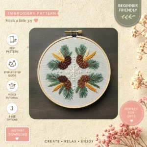 Main preview of winter nature seasonal pinecones hand embroidery pattern showing nature in a hand stitched hoop art design