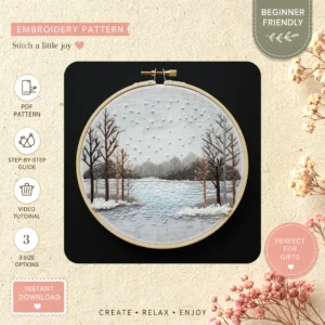Main preview of winter nature serene snow hand embroidery pattern showing landscape, river, trees, cabin, and nature in a hand stitched hoop art design